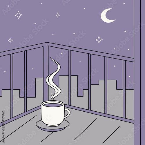 Vector Balcony Coffee Cup with Candlelight and Steam Rising into Starry Night Sky – Soft Purple Urban Illustration