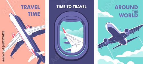 Passenger plane parked on the runway. View through the porthole of aircraft. Airplane gaining altitude between clouds. Travel, journey concept. Vector illustration in a minimalistic style.