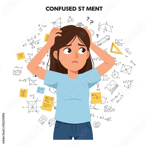 A young woman clutches her head in confusion surrounded by complex mathematical equations and geometric diagrams, illustrating a state of bewilderment and mental overload.