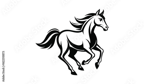 Powerful black and white illustration of a galloping horse