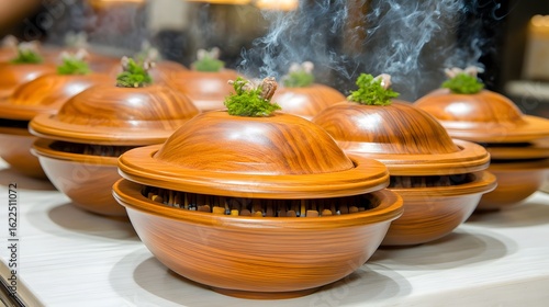 Steaming Wooden Bowls with Aromatic Herbs Culinary Scene