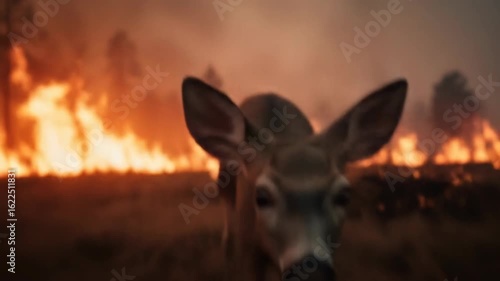 Deer reacting to a wildfire in a field. Climate change impact on wild animals and natural habitat destruction concept footage.