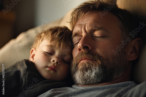 Mature father and small son resting together on the sofa indoors, enjoying quiet moments at home, emphasizing family connections and relaxation, Generative AI