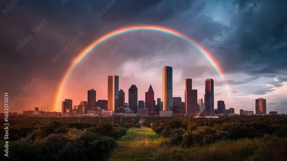Fototapeta premium Breathtaking cityscape with a vibrant rainbow arching over tall skyscrapers under dramatic cloudy sky