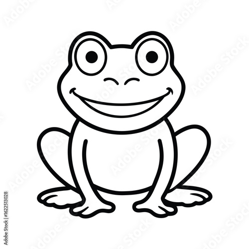 Funny frog sitting with wide smile and cartoon eyes in bold outline character style