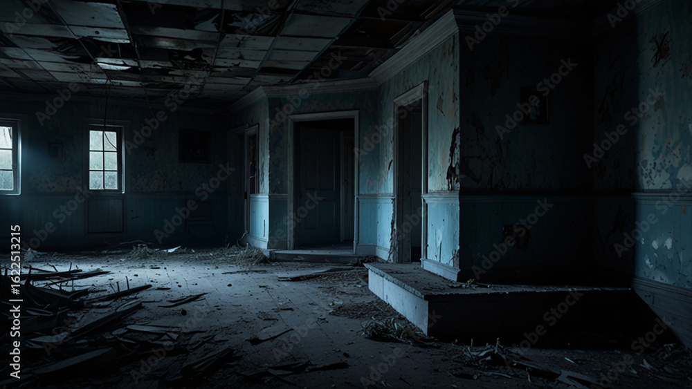 Fototapeta premium Abandoned house in the dark in the tense and chilling atmosphere.