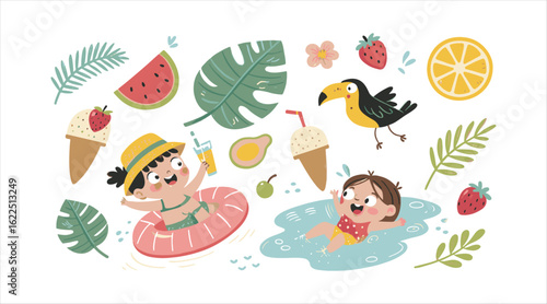 Summer vibes with adorable stuff. Funny fruits, refreshing drinks, tropical leaves, ice cream, and birds. Kids on floaties. Vector art.