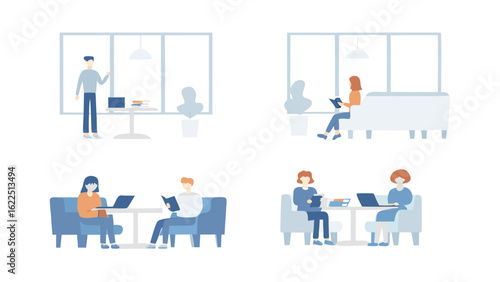 Four scenes depicting people reading books and using laptops in a bright and spacious environment