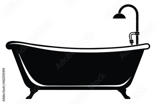 Elegant Clawfoot Bathtub with Classic Shower Fixture Black Silhouette Illustration, Simple Design