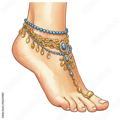 Gold and blue ankle bracelet adorning woman's foot in elegant design  
