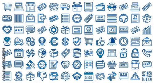 E-commerce icon set – online shopping, delivery, payment, retail business, store tools