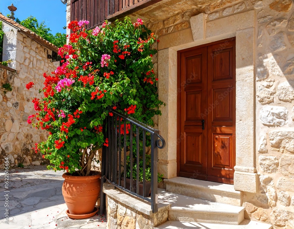Fototapeta premium Mediterranean entrance with vibrant bougainvillea and rustic stone architecture facade