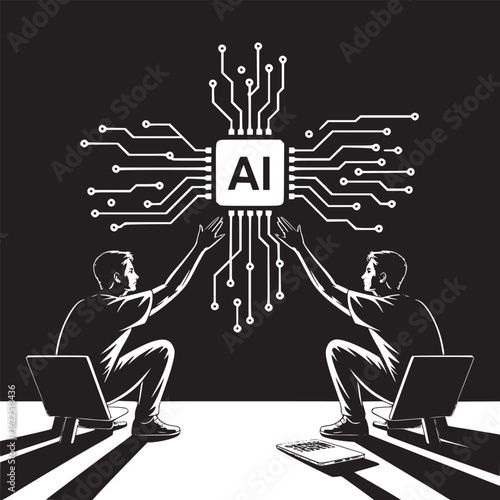 Two men reaching for a central ai chip with laptops in a black and white illustration design style
