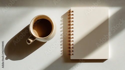 Minimalist workspace with a notebook and coffee cup, arranged neatly from a top-down view.