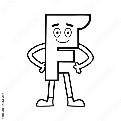 Bold cartoon letter F with confident pose and happy eyes in educational artwork