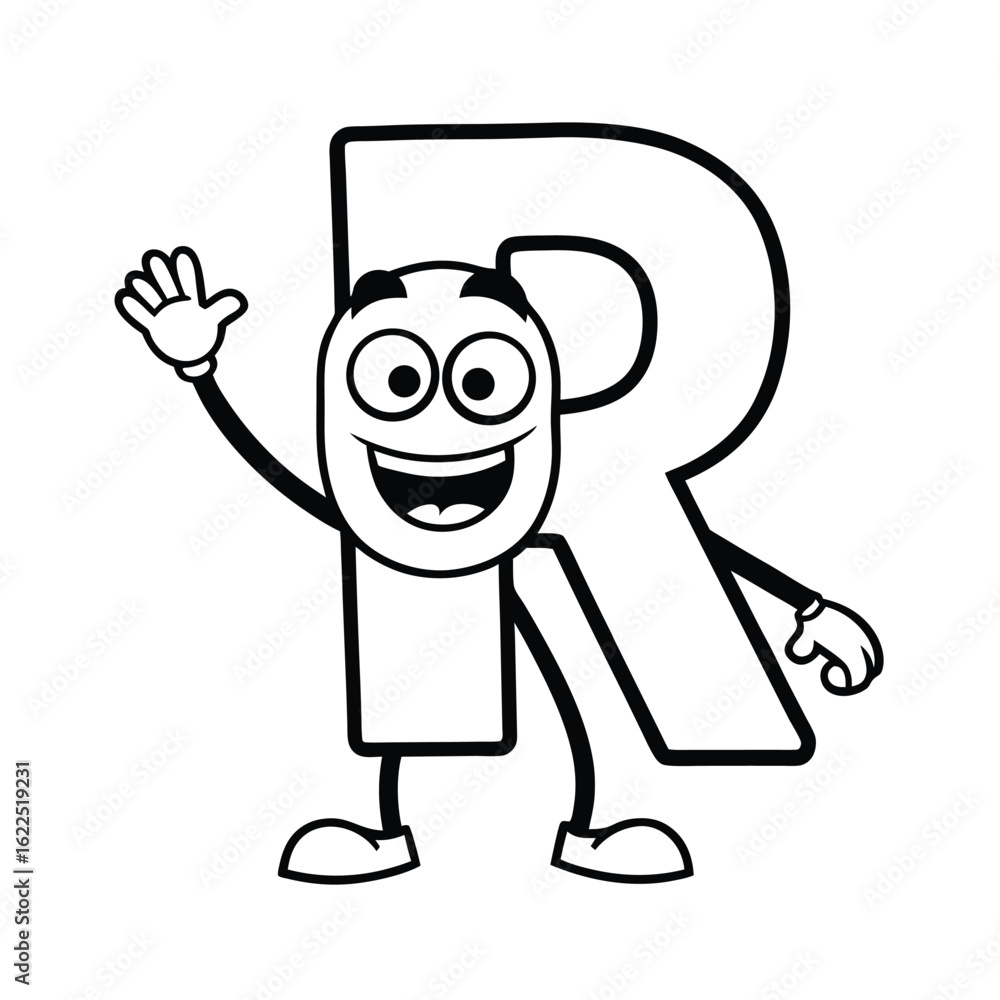 Cartoon letter R character with happy face and raised hand in playful alphabet design Cartoon letter R character with happy face and raised hand in playful alphabet design
