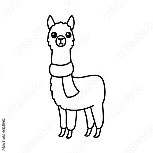 Cute cartoon llama with happy face and winter scarf in bold outlined animal design