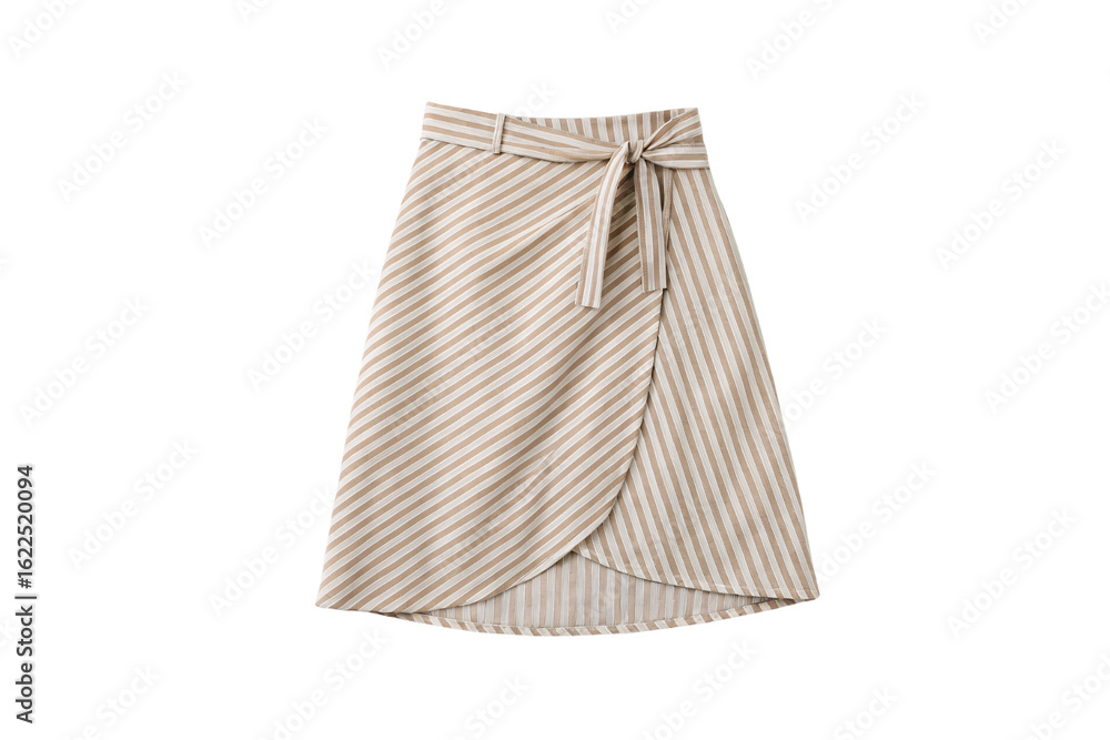 Beige white striped wrap midi skirt with side tie and tulip hemline, isolated on a transparent background