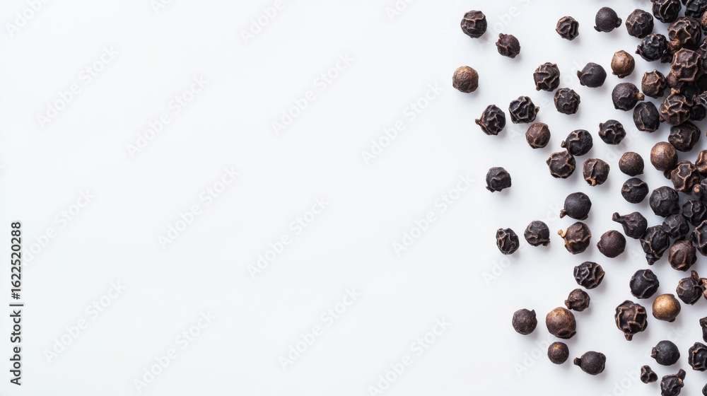 Black peppercorns scattered on a light surface, showcasing their rich texture and deep color for culinary inspiration Black peppercorns scattered on a light surface, showcasing their rich texture and deep color for culinary inspiration