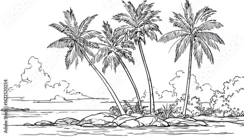 Tropical island scene with palm trees.