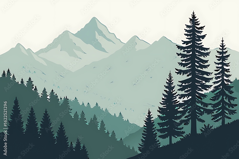Fototapeta premium A scenic view of mountains and evergreen trees art