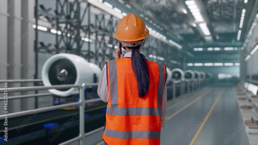 Back View Of Asian Female Engineer With Safety Helmet Talking On Smartphone While Standing, Aircraft Engine Manufacturing and Assembly Line in a Modern Factory Back View Of Asian Female Engineer With Safety Helmet Talking On Smartphone While Standing, Aircraft Engine Manufacturing and Assembly Line in a Modern Factory