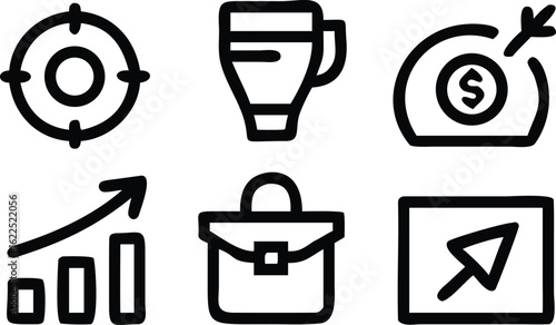 Set of six black business icons including target graph briefcase money bag and cursor startup icon
