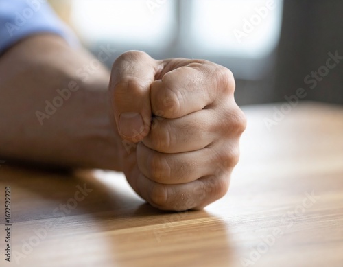  tight, detailed shot focusing on a person's hand, clenched into a white-knuckled fist on a wooden table.