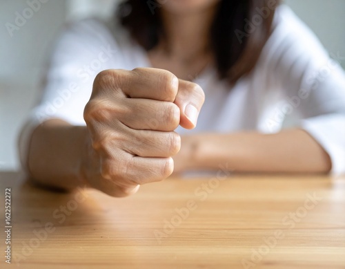 tight, detailed shot focusing on a person's hand, clenched into a white-knuckled fist on a wooden table.