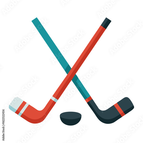Crossed Hockey Sticks with Puck Flat Vector Illustration