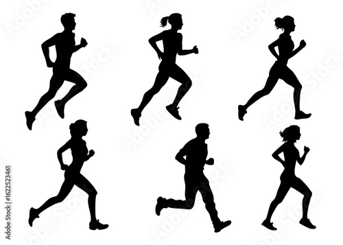 Wallpaper Mural Black Silhouette Running Poses – Detailed Male & Female Figures – Sporty Fashion Vector Art Torontodigital.ca