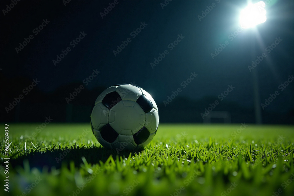 Fototapeta premium Soccer ball resting on grass field illuminated by stadium lights