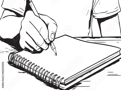 A man's hand drawing a notebook