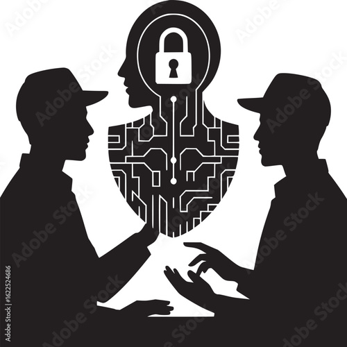 Silhouette figures discussing cybersecurity with a padlock inside a head outline design