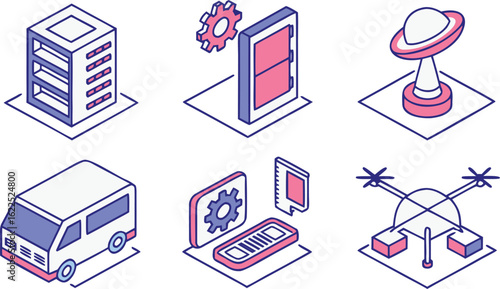 Isometric icons of server rack van U F O drone gear and computer components vector