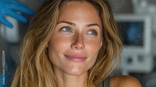 Close-up of a fair-skinned woman with light-colored eyes, a slight smile, and freckles, gazing upwards.