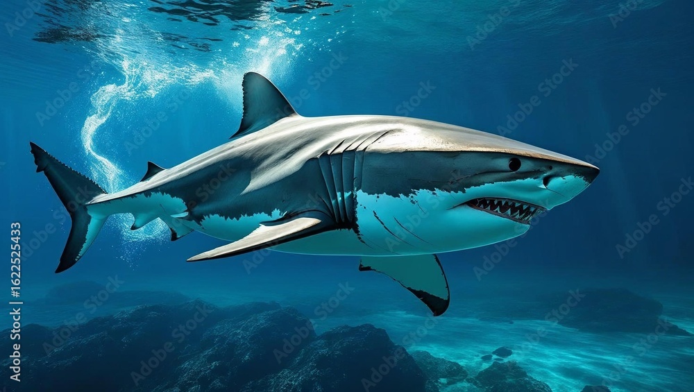 Fototapeta premium A majestic great white shark swims gracefully in deep, clear cobalt blue ocean waters.