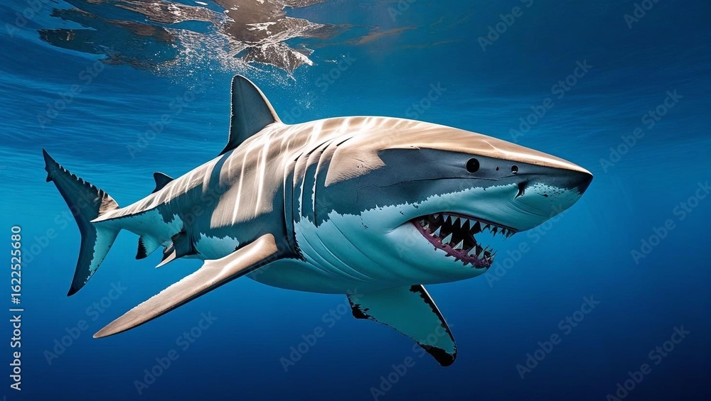Naklejka premium A majestic great white shark swims gracefully in deep, clear cobalt blue ocean waters.