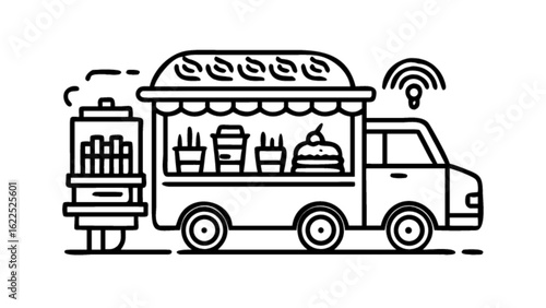 Line art illustration of a food truck, featuring a mobile cafe with coffee, cake, and wifi, isolated on white background