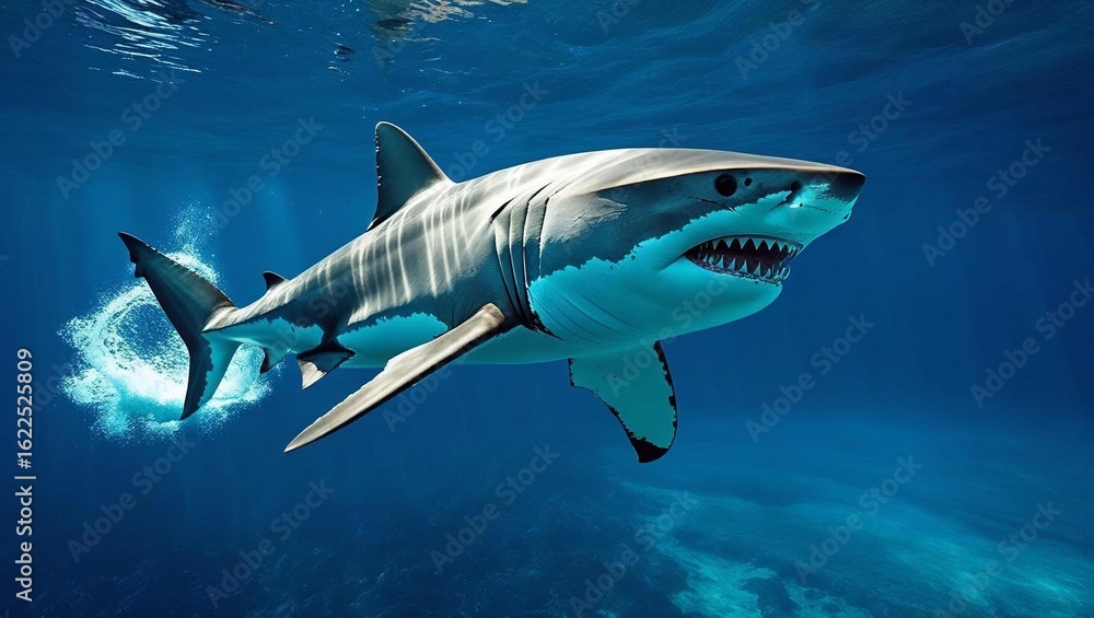 Fototapeta premium A majestic great white shark swims gracefully in deep, clear cobalt blue ocean waters.