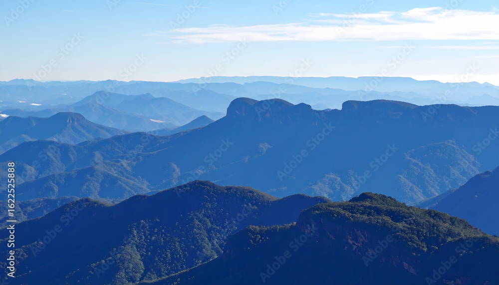 Fototapeta premium Expansive Mountainous Landscape with Lush Green Valleys and a Clear Blue Sky