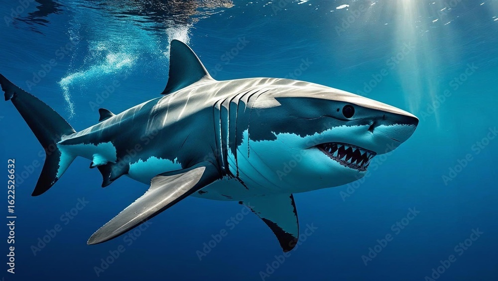 Fototapeta premium A majestic great white shark swims gracefully in deep, clear cobalt blue ocean waters.