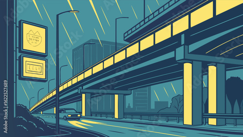 Night cityscape featuring an elevated highway with illuminated billboards and passing cars, creating a vibrant urban scene with modern architecture