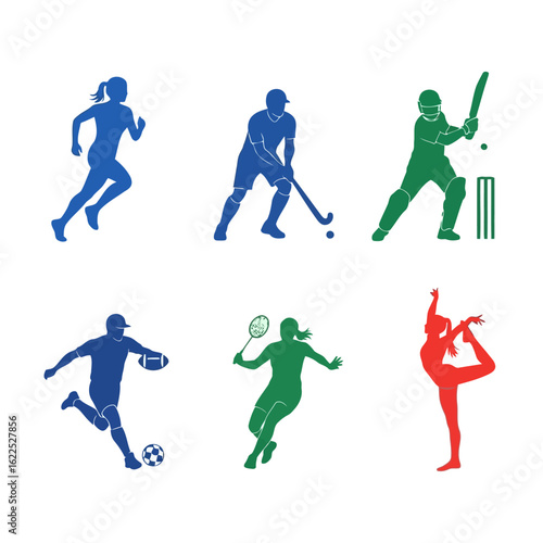 Vector art of vibrant silhouettes of athletes participating in diverse sports including running, hockey, cricket, football, badminton, and dance, celebrating active lifestyles