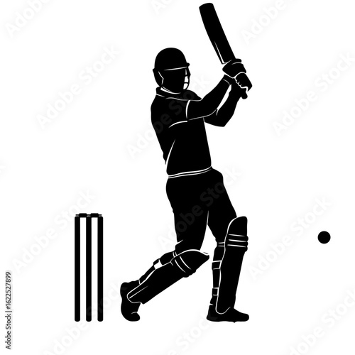 Vector art of silhouette of a cricket batsman in action, hitting the ball near the wickets, isolated on a white background