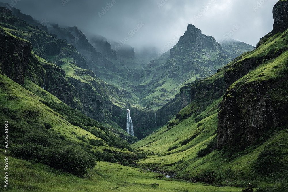 Obraz premium Green valley with a waterfall in the mountains