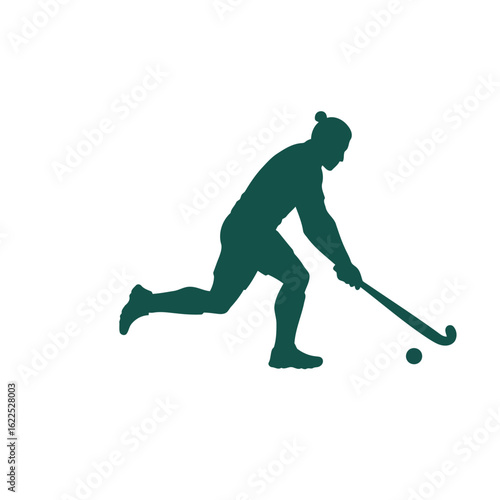 Vector art of green silhouette of an athlete playing hockey, focused on the ball and stick, isolated on white background