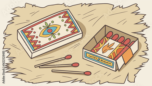 Illustration of a matchbox with matches, depicting a vintage and rustic aesthetic, perfect for camping, survival, or emergency preparedness themes
