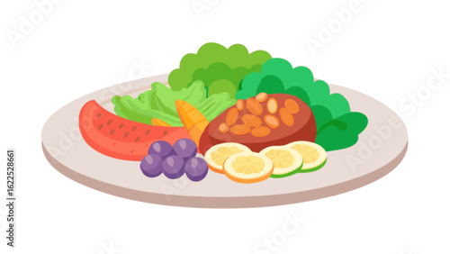 A colorful plate of healthy food, featuring fresh vegetables, fruits, and beans, perfect for a nutritious meal isolated on white background, promoting a balanced diet