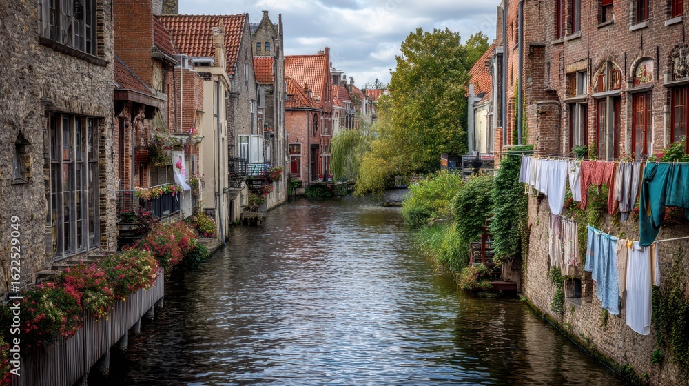 Fototapeta premium Serene Canal Scene with Laundry Hanging Between Historic Buildings